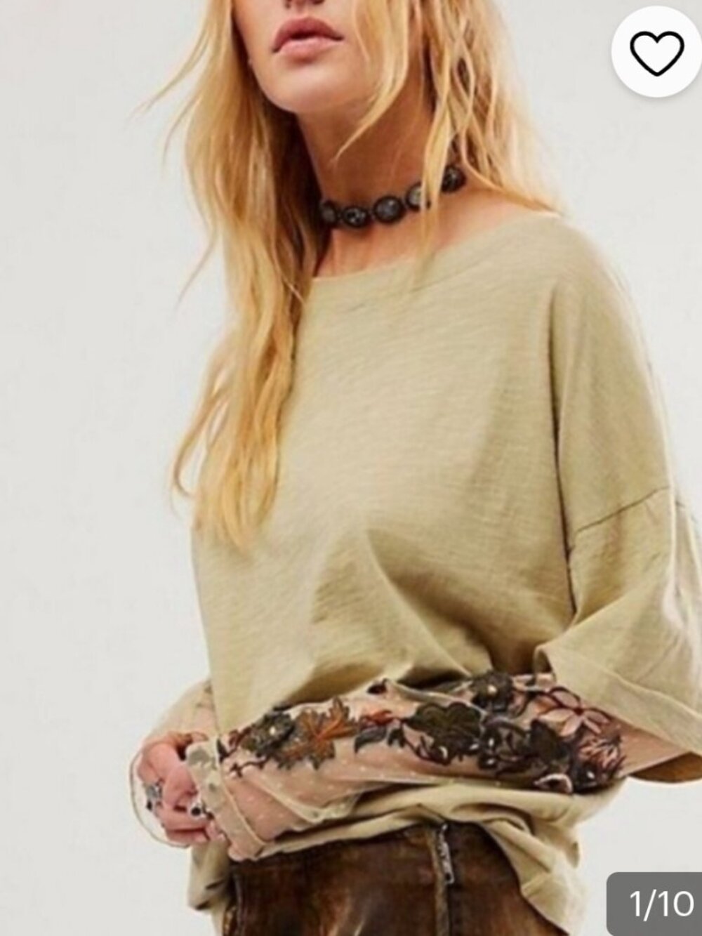 Free People Gardener Tee Embroidered Mesh Sleeve Top Boho Oversized Khaki Green